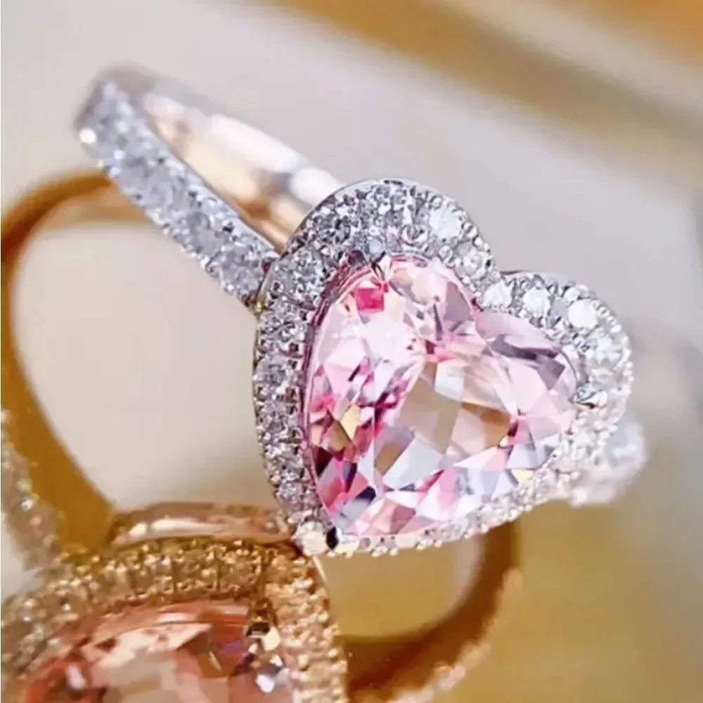 Ladies Pink Lab Created Diamond Trendy heart promise ring sz 7